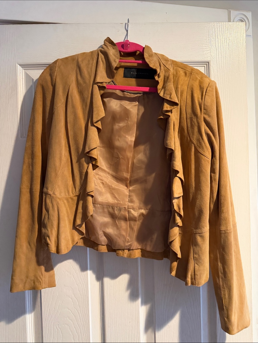 Elie Tahari Tan Ruffle-Trim Suede Jacket